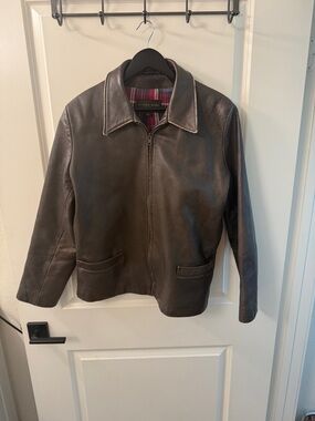 Vintage Golden Bear Brown Leather Motorcycle Riding Jacket Plaid Lining